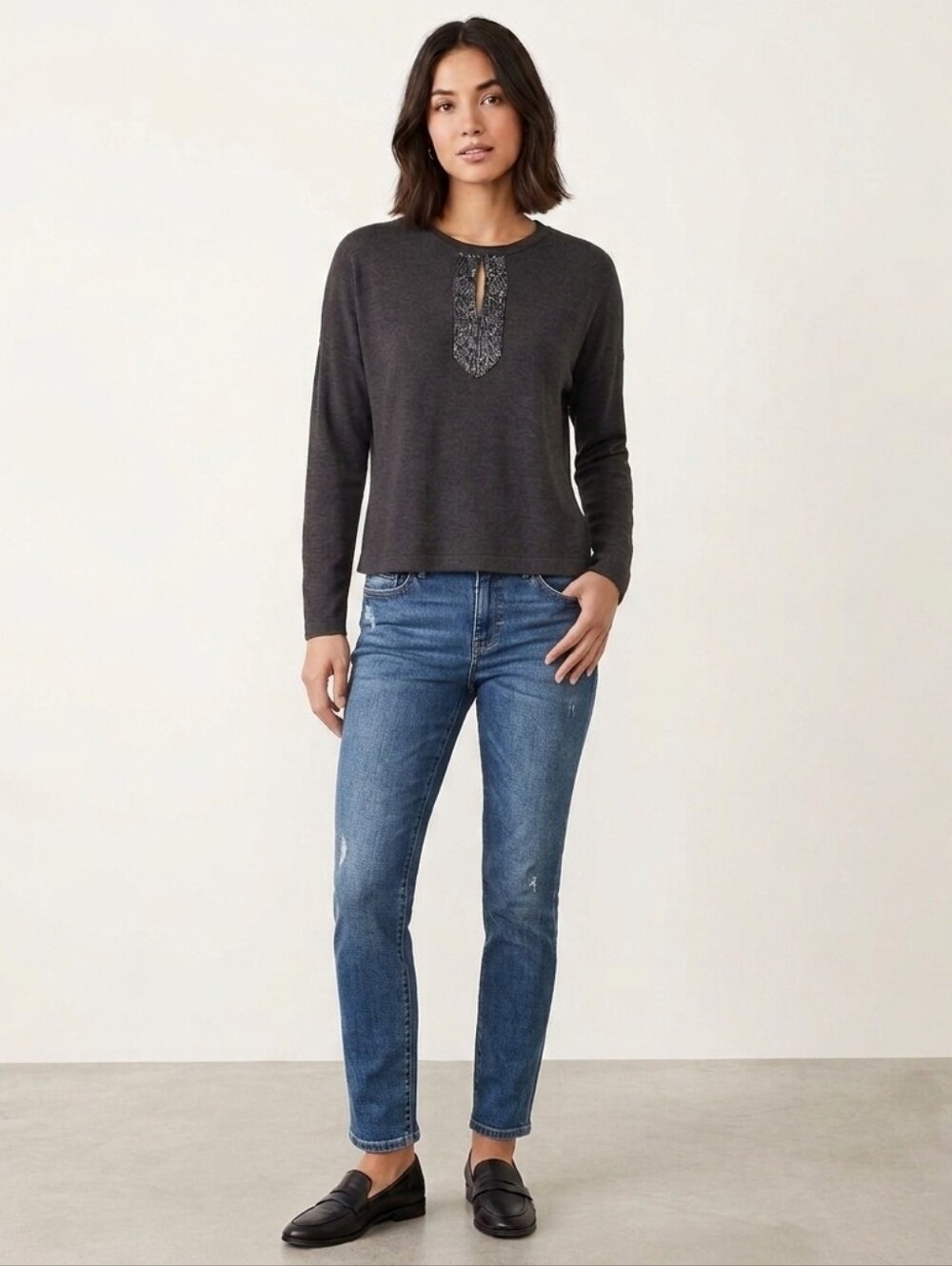 J. Jill Charcoal Gray Metallic Inverted Pleat Long Sleeve Tunic Top Large Large